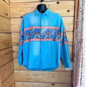 Vintage Cotton Denim Shirt Mens Large Turquoise Aztec Southwest Bugle Boy Retro